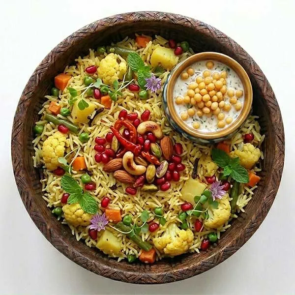 Kashmiri Vegetable Pulao With Boondhi Raita